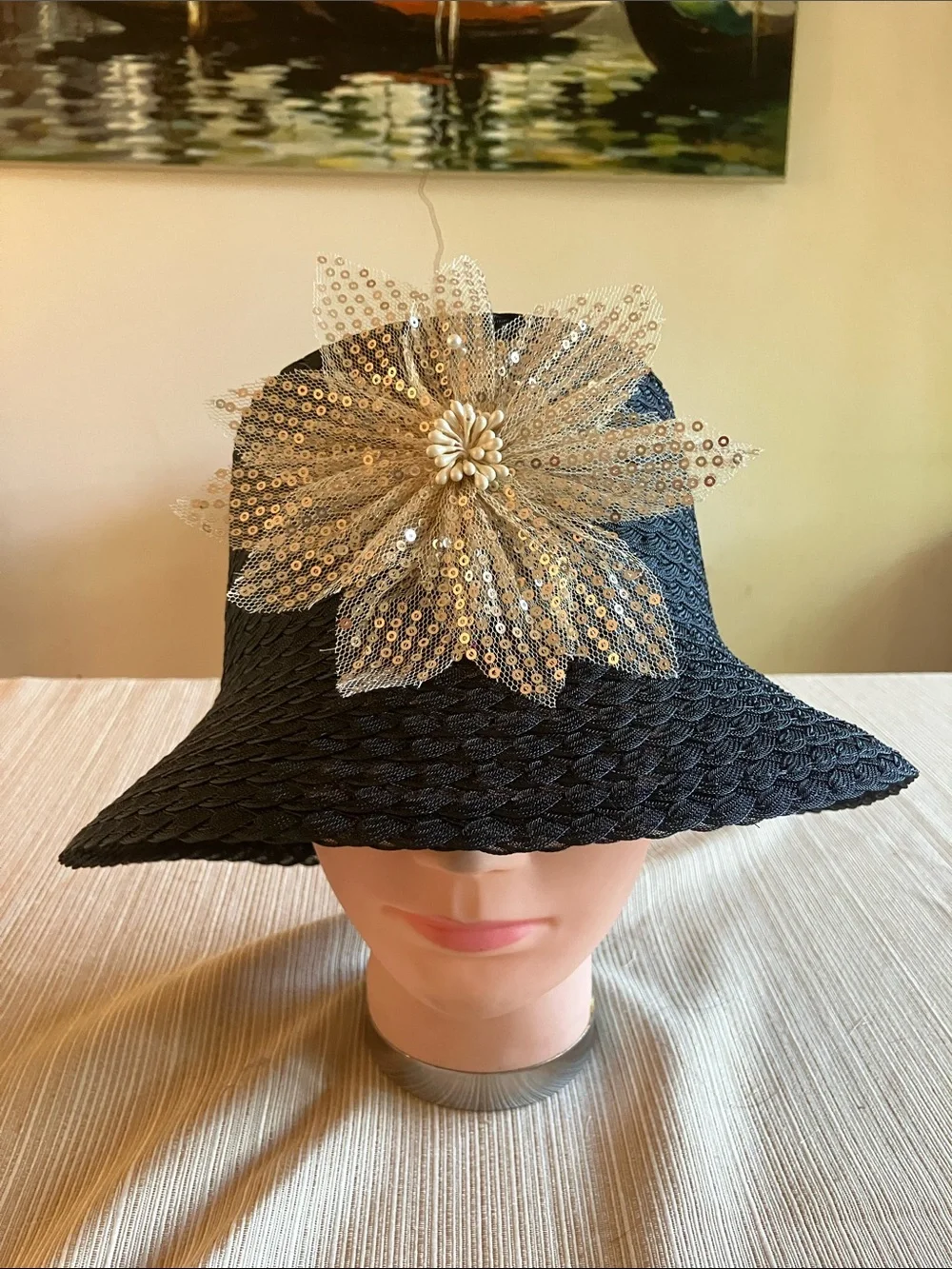 Black Bucket Hat with Gold Floral Sequin Accent